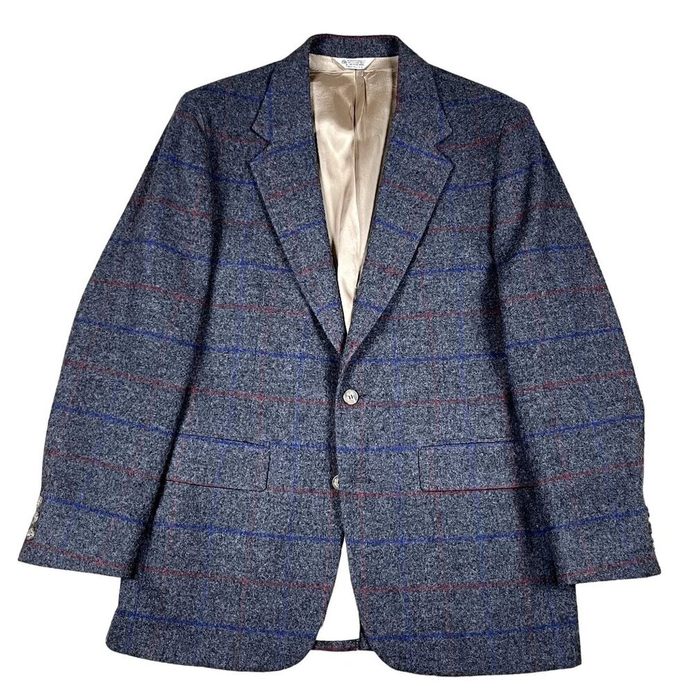 VTG Studio 21 Blazer Mens 40R Grey Blue Red Windowpane 100% Wool Sports Coat